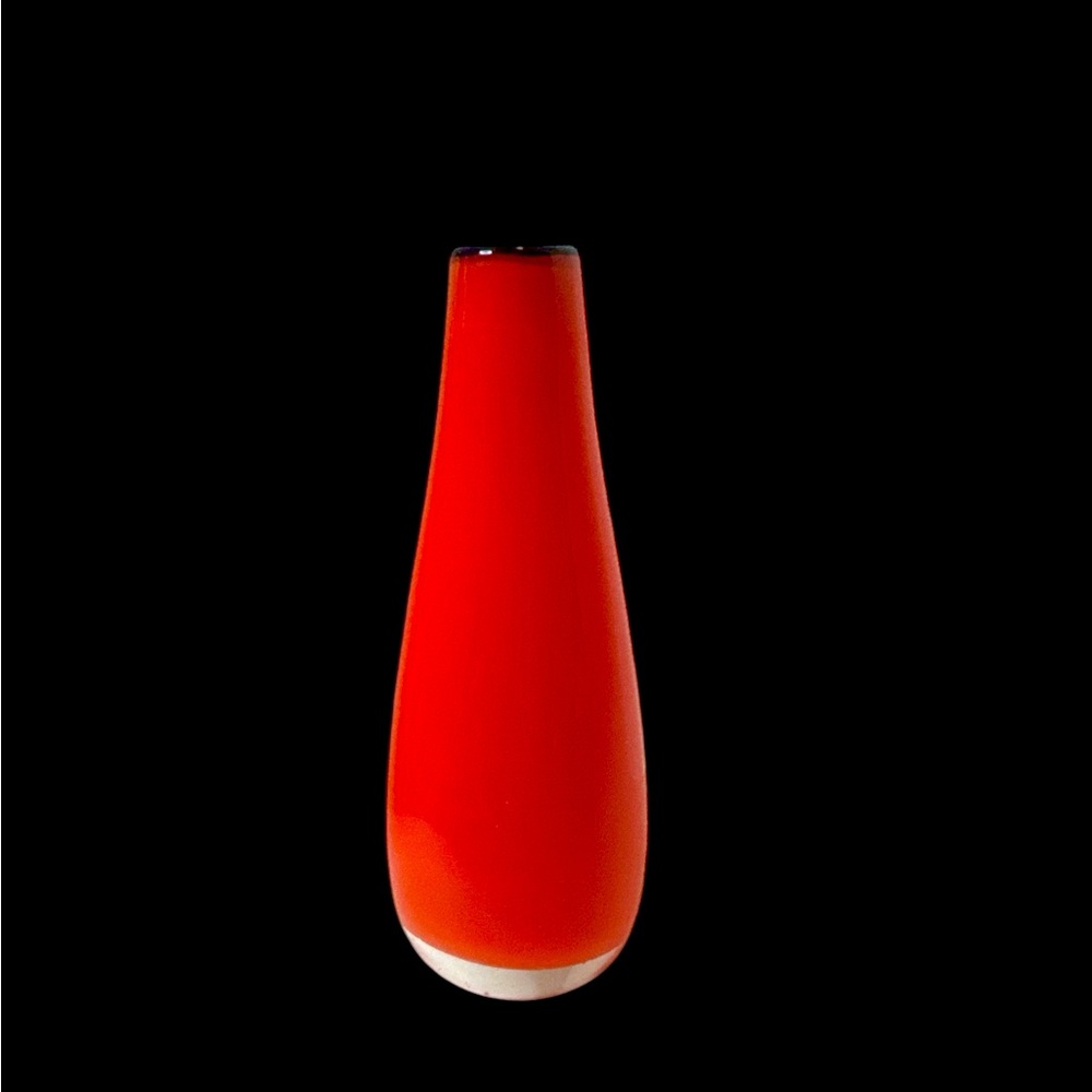 Red Art Glass Hand Blown Bud Vase with Black rim and clear bottom. (1-K)